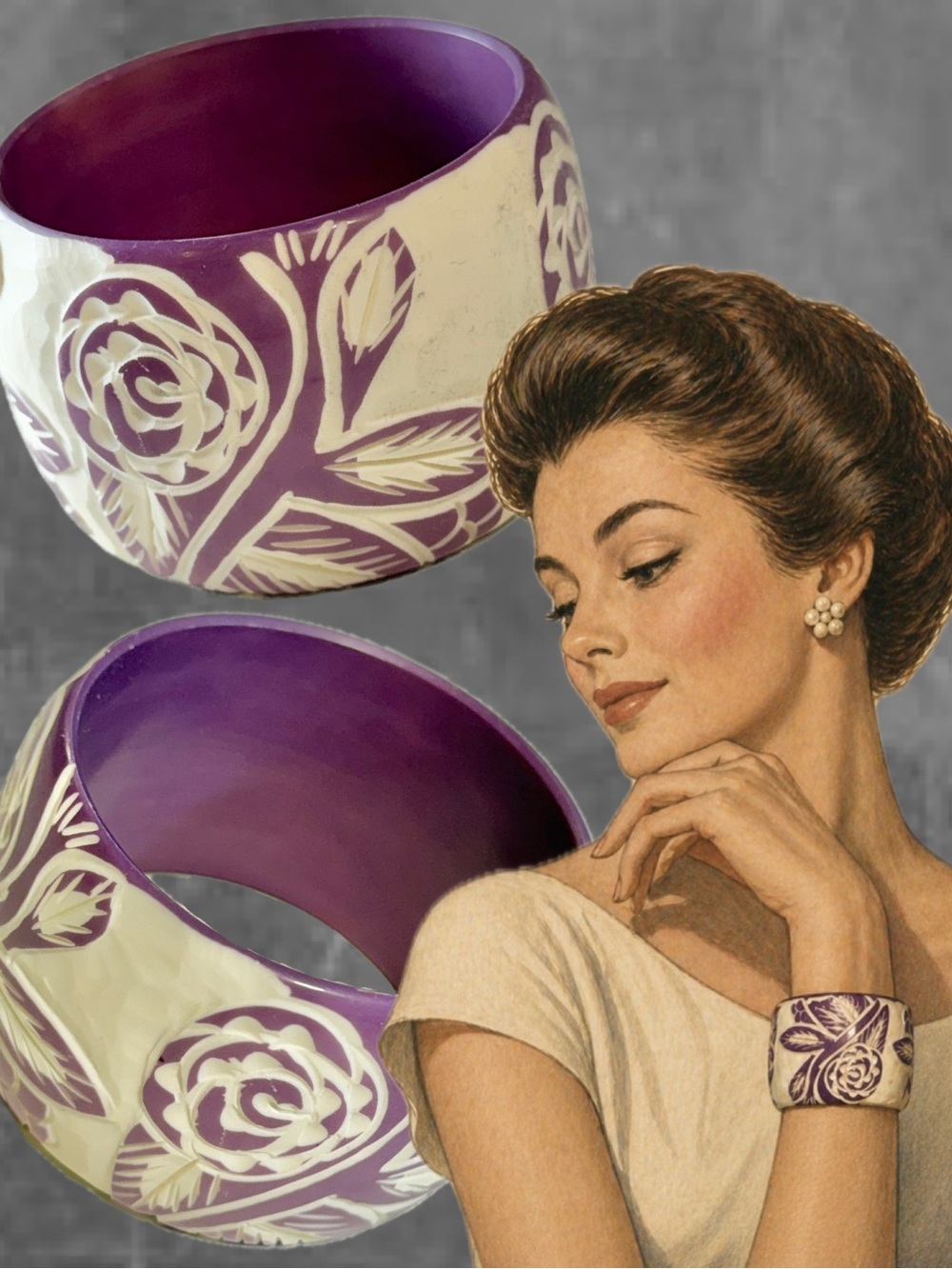 VINTAGE 80s chunky wide bangle bracelet lavender purple carved rose flower